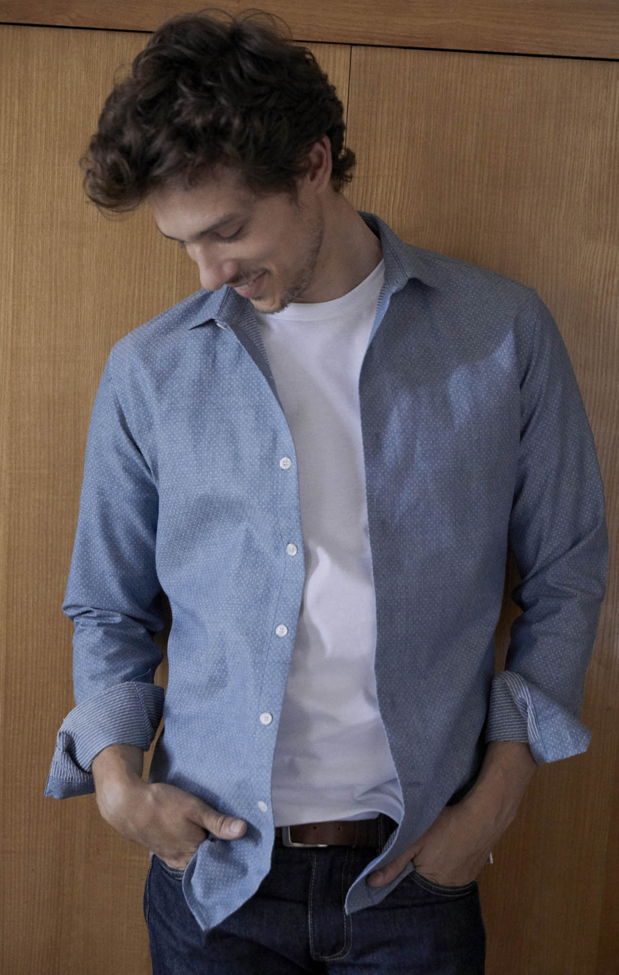 Blue oxford shirt with dots